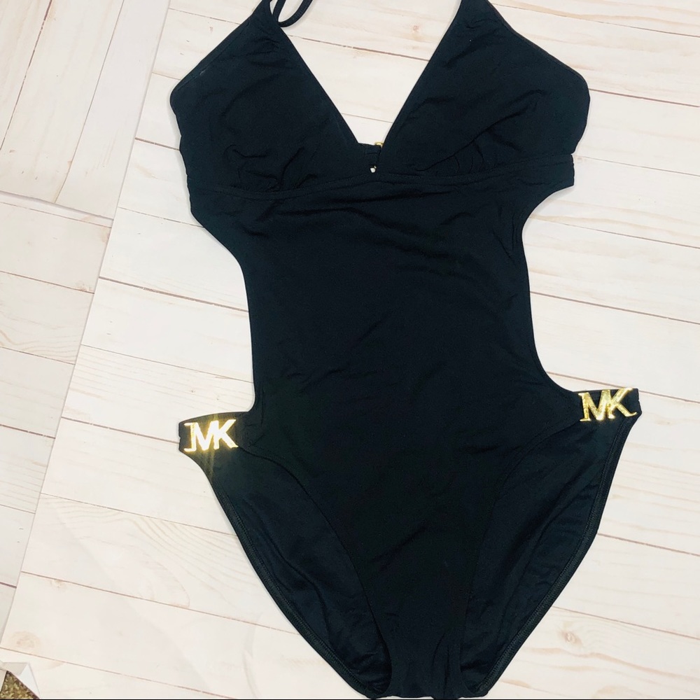 MICHAEL Michael Kors Black One-Piece Swimsuit with Gold MK Hardware